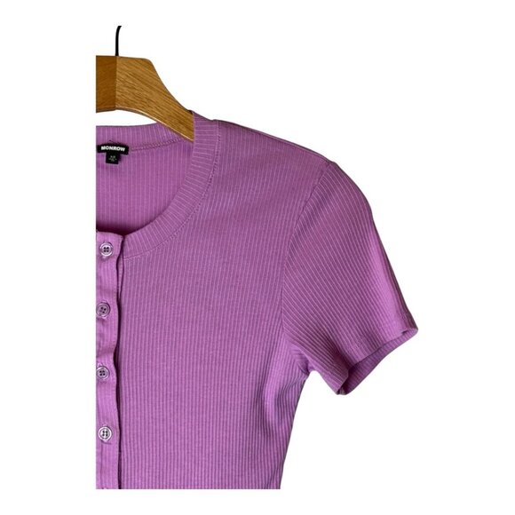 Monrow Bodysuit Women XS Purple Ribbed Crew Henley Neck Short Sleeve Pull-On - Picture 5 of 11
